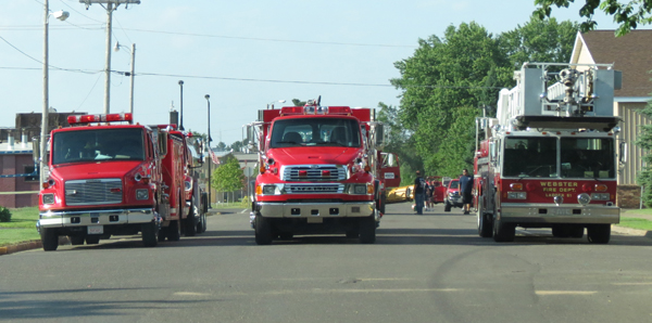 Fire trucks line up for the parade in Webster, WI