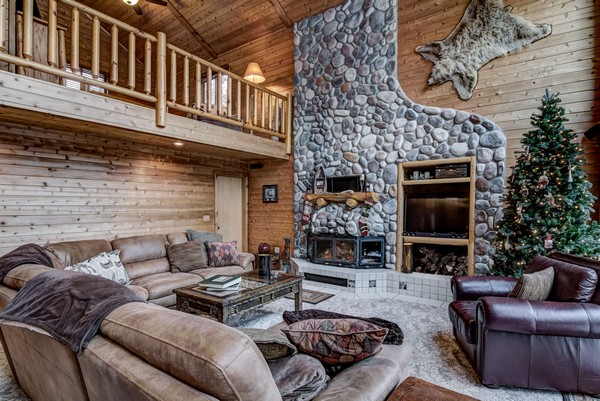 Great room with wood burning fireplace