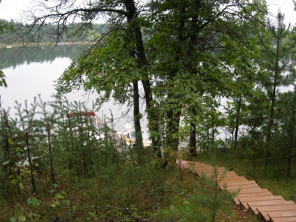 Stairs down hill to lake and pontoon at the bottom