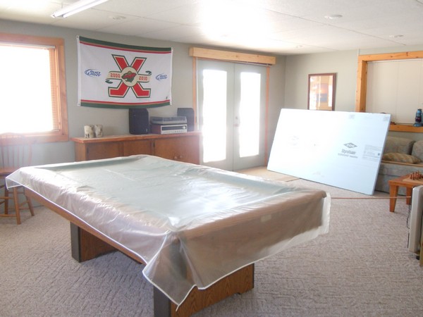 Basement with plastic covered pool table
