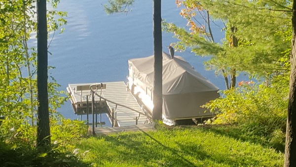 Docked pontoon surrounded by water and bright green grass